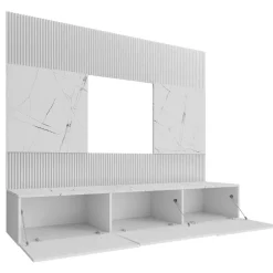 Parete attrezzata sospesa 180x150h cm 3 ante bianco cannettato effetto marmo Ilaria
