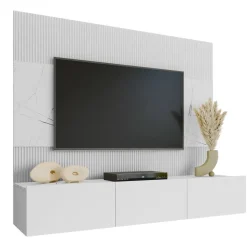 Parete attrezzata sospesa 180x150h cm 3 ante bianco cannettato effetto marmo Ilaria