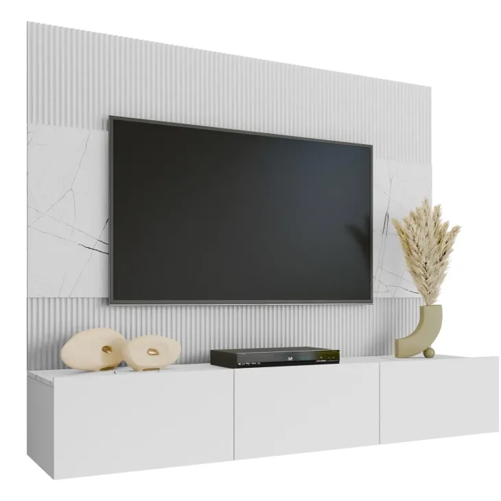 Parete attrezzata sospesa 180x150h cm 3 ante bianco cannettato effetto marmo Ilaria