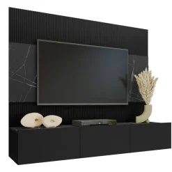 Parete attrezzata sospesa 180x150h cm 3 ante nero cannettato effetto marmo Ilaria