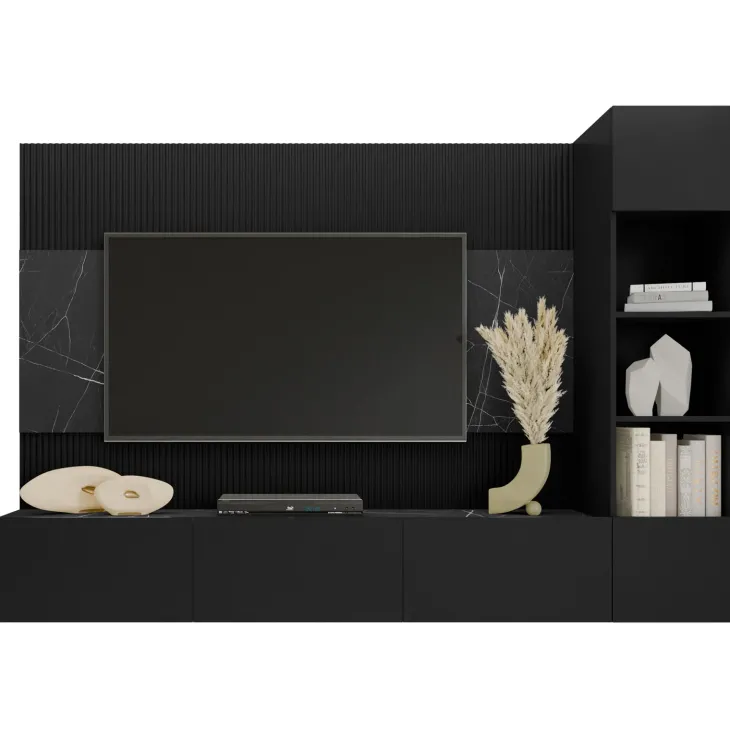 Parete attrezzata sospesa 220x150h cm con colonna nero cannettato effetto marmo Ilaria