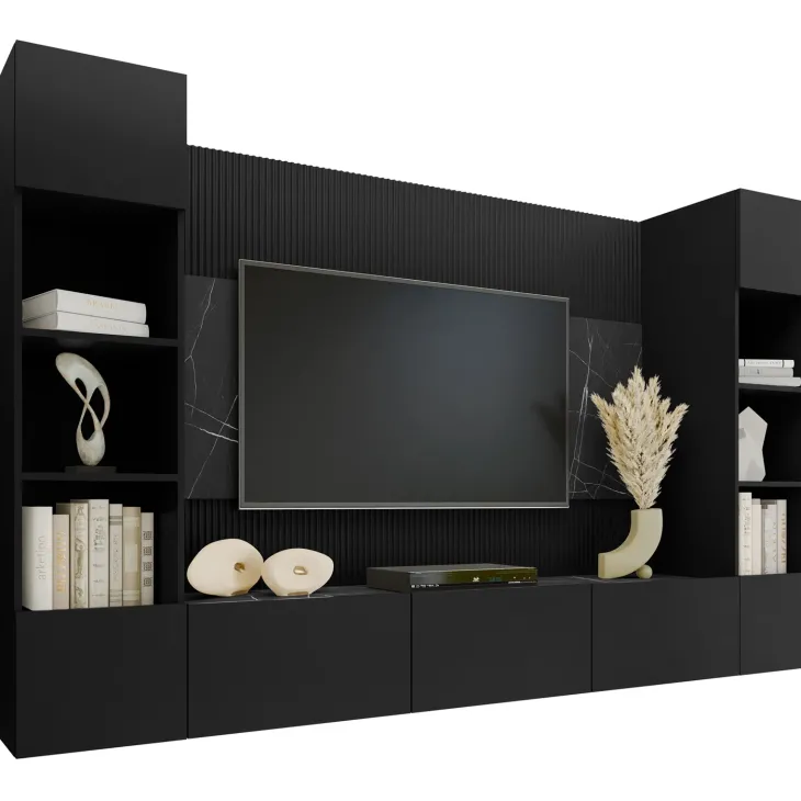 Parete attrezzata sospesa 260x150h cm con colonne nero cannettato effetto marmo Ilaria
