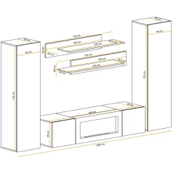 Parete attrezzata sospesa 260x170h cm con biocamino rovere Ignis 5 Gihome®