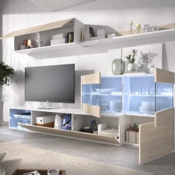 Parete attrezzata 260x183h cm angolare reversibile con led rovere bianco lucido Emily