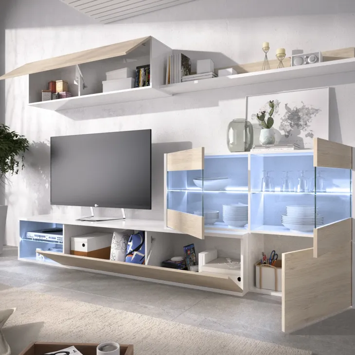 Parete attrezzata 260x183h cm angolare reversibile con led rovere bianco lucido Emily