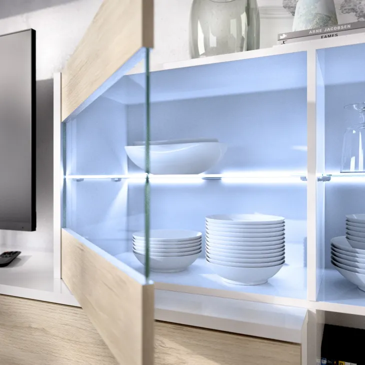 Parete attrezzata 260x183h cm angolare reversibile con led rovere bianco lucido Emily
