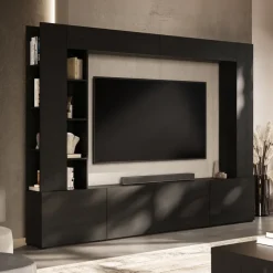 Parete attrezzata 261x194h cm 5 ante a ribalta e libreria 3 ripiani nero grafite Arkansas