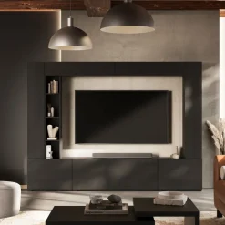 Parete attrezzata 261x194h cm 5 ante a ribalta e libreria 3 ripiani nero grafite Arkansas