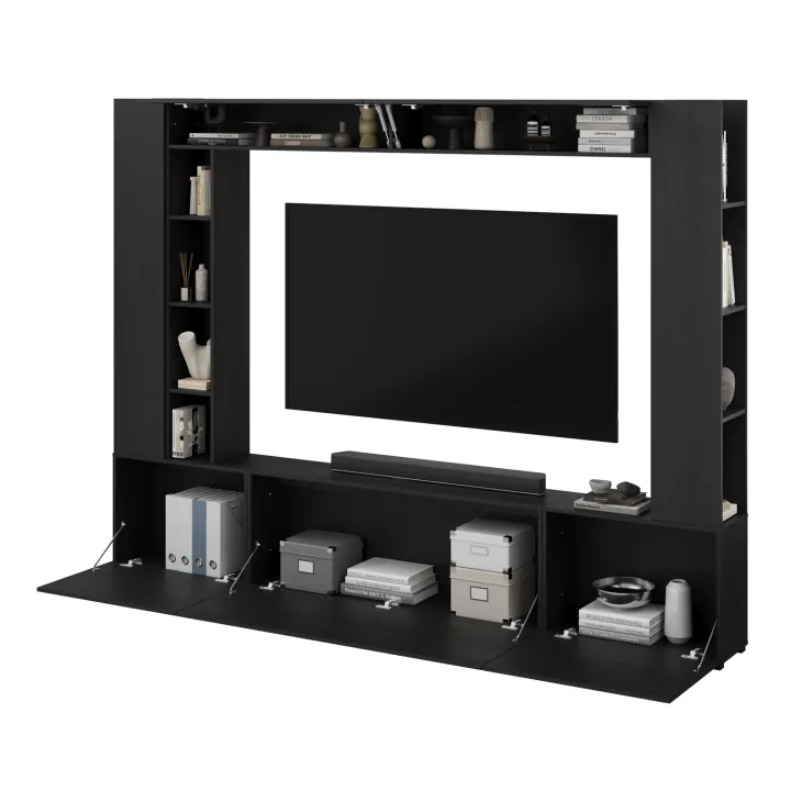 Parete attrezzata 261x194h cm 5 ante a ribalta e libreria 3 ripiani nero grafite Arkansas
