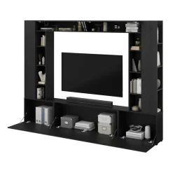 Parete attrezzata 261x194h cm 5 ante a ribalta e 2 librerie a 3 ripiani nero grafite Arkansas