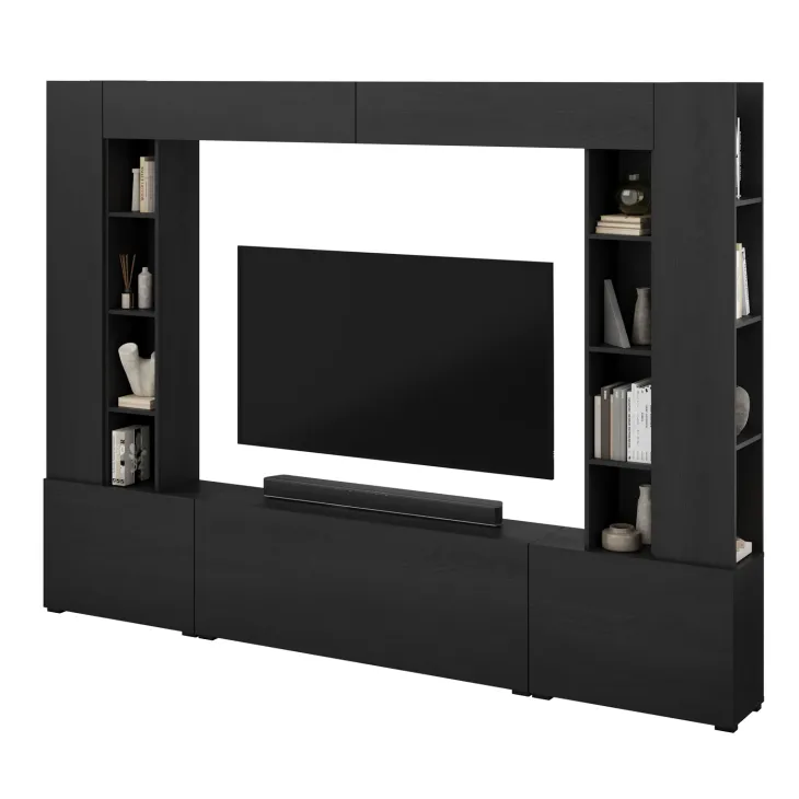 Parete attrezzata 261x194h cm 5 ante a ribalta e 2 librerie a 3 ripiani nero grafite Arkansas