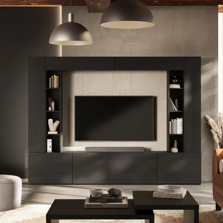 Parete attrezzata 261x194h cm 5 ante a ribalta e 2 librerie a 3 ripiani nero grafite Arkansas