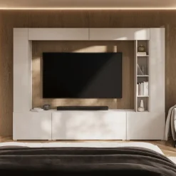 Parete attrezzata 261x194h cm 5 ante a ribalta e libreria 3 ripiani beige cashmere Arkansas