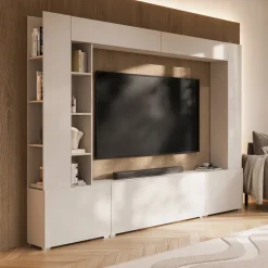 Parete attrezzata 261x194h cm 5 ante a ribalta e libreria 3 ripiani beige cashmere Arkansas