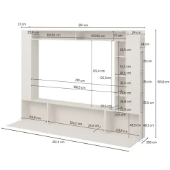 Parete attrezzata 261x194h cm 5 ante a ribalta e libreria 3 ripiani beige cashmere Arkansas