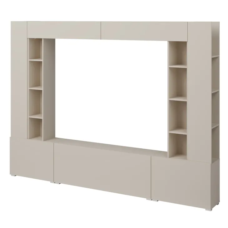 Parete attrezzata 261x194h cm 5 ante a ribalta e 2 librerie a 3 ripiani beige cashmere Arkansas