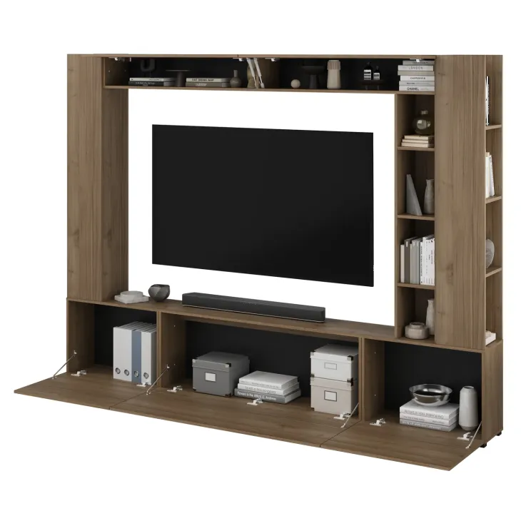 Parete attrezzata 261x194h cm 5 ante a ribalta e libreria 3 ripiani noce Arkansas