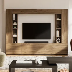 Parete attrezzata 261x194h cm 5 ante a ribalta e 2 librerie a 3 ripiani noce Arkansas