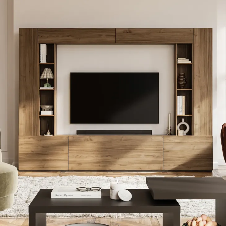 Parete attrezzata 261x194h cm 5 ante a ribalta e 2 librerie a 3 ripiani noce Arkansas