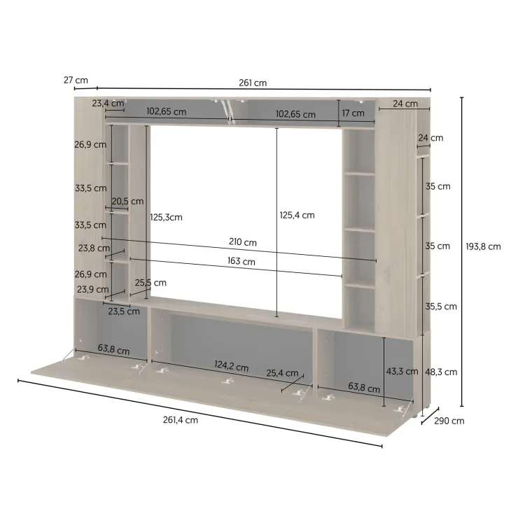 Parete attrezzata 261x194h cm 5 ante a ribalta e 2 librerie a 3 ripiani noce Arkansas