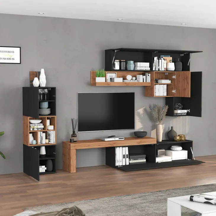 Parete attrezzata 350x200h cm antracite rovere Block 1