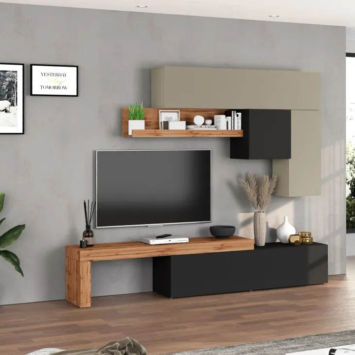 Parete attrezzata 270x200h cm antracite tortora rovere Block 2
