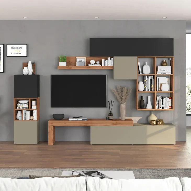 Parete attrezzata 350x200h cm antracite tortora rovere Block 3