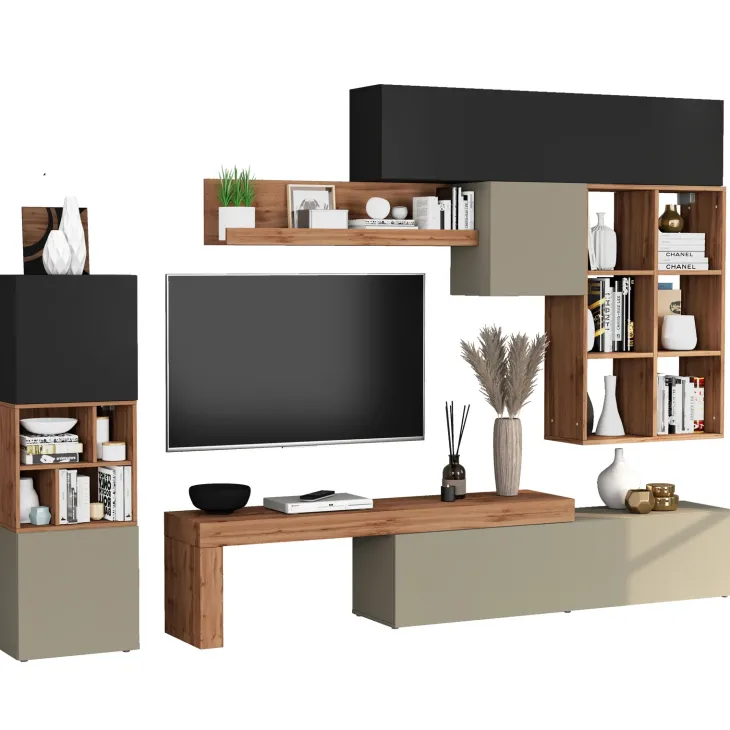 Parete attrezzata 350x200h cm antracite tortora rovere Block 3
