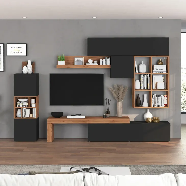 Parete attrezzata 350x200h cm antracite rovere Block 3