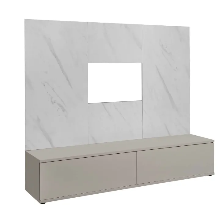 Parete attrezzata 180x155h cm beige cashmere pannello bianco effetto marmo Paula