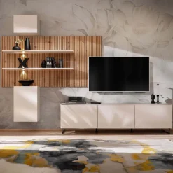 Parete attrezzata 280x200h cm beige cashmere rovere con stampa nera Barcellona