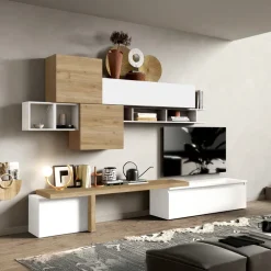 Parete attrezzata 330x195h cm bianco lucido rovere chiaro Sunset 28