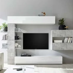 Parete attrezzata 285x187h cm bianco lucido e opaco cemento Steppi 2