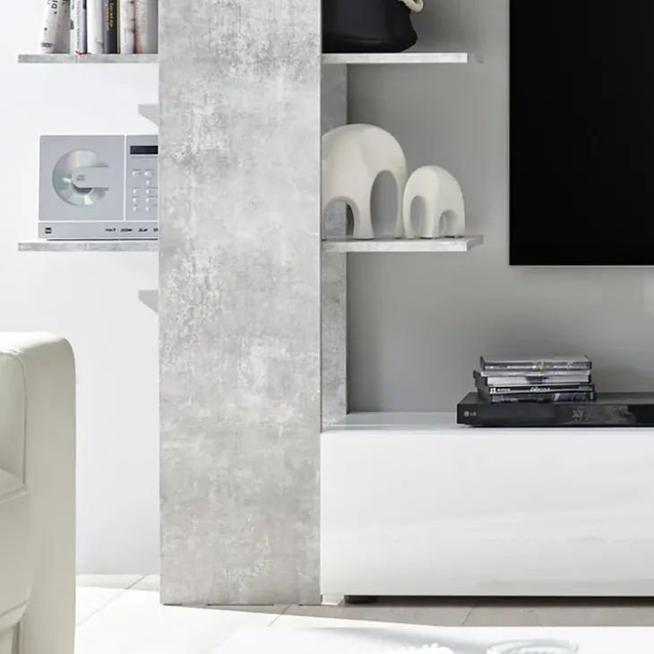 Parete attrezzata 285x187h cm bianco lucido e opaco cemento Steppi 2