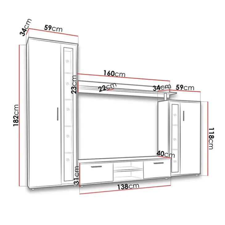 Parete attrezzata 256x182h cm bianco nero Newcastle