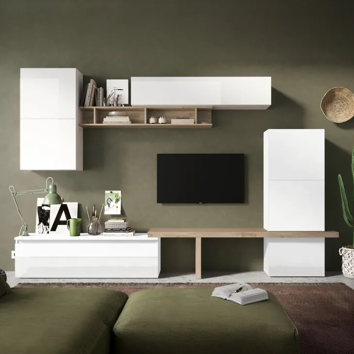 Parete attrezzata 320x195h cm bianco lucido rovere chiaro Sunset 19