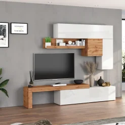 Parete attrezzata 270x200h cm bianco lucido rovere Block 2