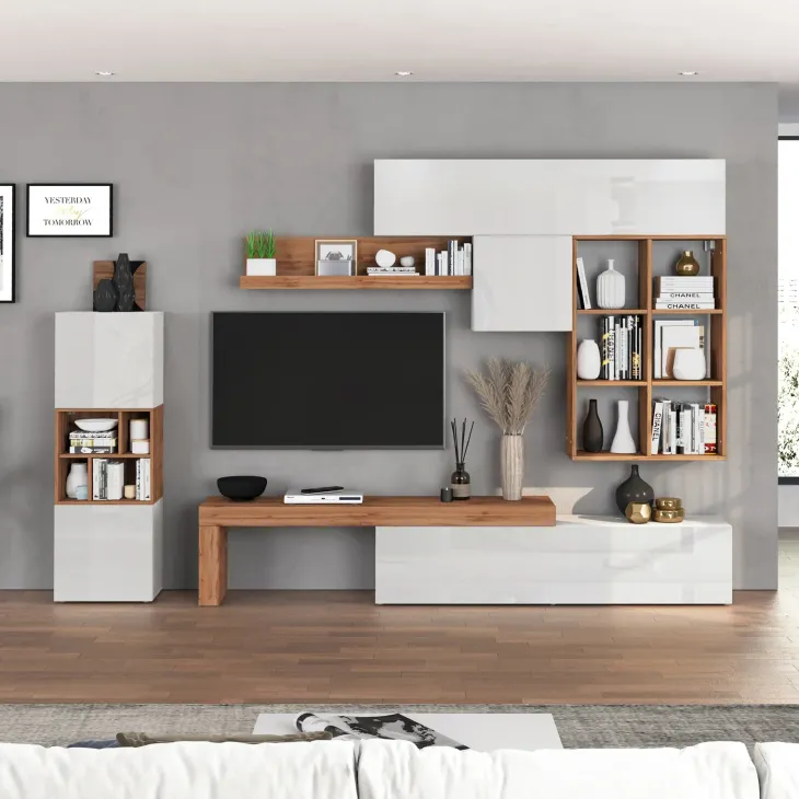 Parete attrezzata 350x200h cm bianco lucido rovere Block 3