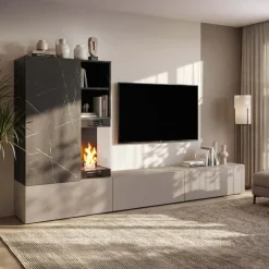 Parete attrezzata 270x158h cm con biocamino grigio nero effetto marmo Clio