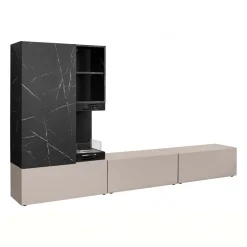 Parete attrezzata 270x158h cm con biocamino grigio nero effetto marmo Clio