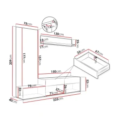 Parete attrezzata 225x209h cm con pannello cannettato bianco opaco rovere Orizon