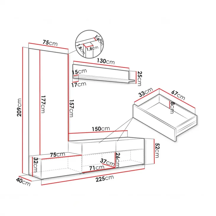 Parete attrezzata 225x209h cm con pannello cannettato bianco opaco rovere Orizon