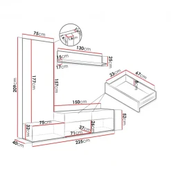 Parete attrezzata 225x209h cm con pannello cannettato grafite rovere Orizon