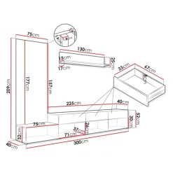 Parete attrezzata 300x209h cm con pannello cannettato bianco opaco rovere Orizon