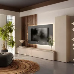 Parete attrezzata 330x220h cm con pannello cannettato beige rovere scuro nero effetto marmo Sunset Decor 1043