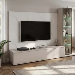 Parete attrezzata 220x175h cm con vetrina beige cashmere e bianco effetto marmo Paula
