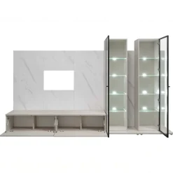 Parete attrezzata 280x175h cm con 2 vetrine beige cashmere e bianco effetto marmo Paula