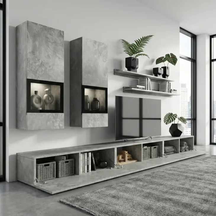 Parete attrezzata 270x176h cm moderna grigio cemento Emotion Gihome®
