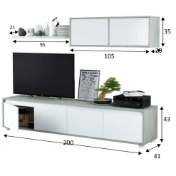 Parete attrezzata 200x145h cm moderna soggiorno bianco cemento Itaca