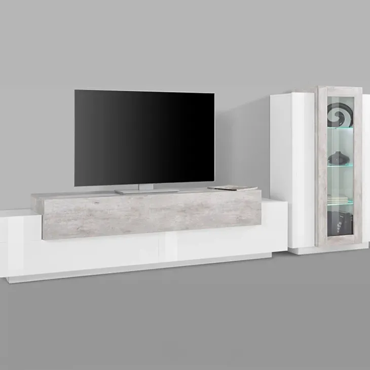 Parete attrezzata 290x121h cm moderna bianco lucido cemento Milos Gihome®